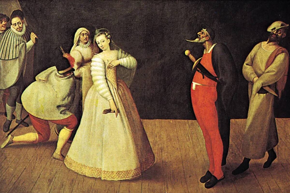 En la Commedia dell'arte, conformada por actores venecianos, había uno de ellos, devoto de San Pantaleón, que utilizaba una prenda roja en sus piernas y al que llamaban 'Pantaloni'