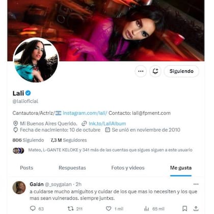 En la cuenta de X de Lali Espósito se puede ver que le dio "me gusta" a un mensaje que hablaba acerca de lo que fu el triunfo de Javier Milei en el balotaje