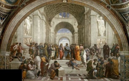 En "La escuela de Atenas" (1510-1511), de Rafael, Diógenes está sentado en las escaleras, solo, en el centro con toga azul.