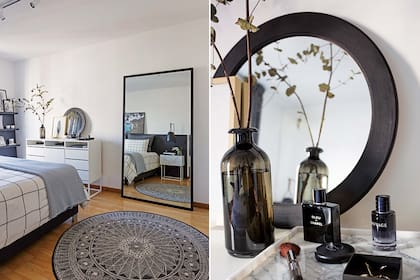 En la esquina, estantería ‘Paloma’ de paraíso lustrado (Pennsylvania Interiorismo); al otro lado, espejo ‘Frame’ de 1x1,9m (VK Home) y alfombra circular (Urban Outfitters)