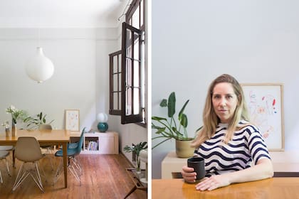 En la foto, Eugenia sentada en su comedor. Mesa con patas de madera maciza y tapa enchapada en paraíso. Sillas ‘Eames’ (Vivre Muebles).