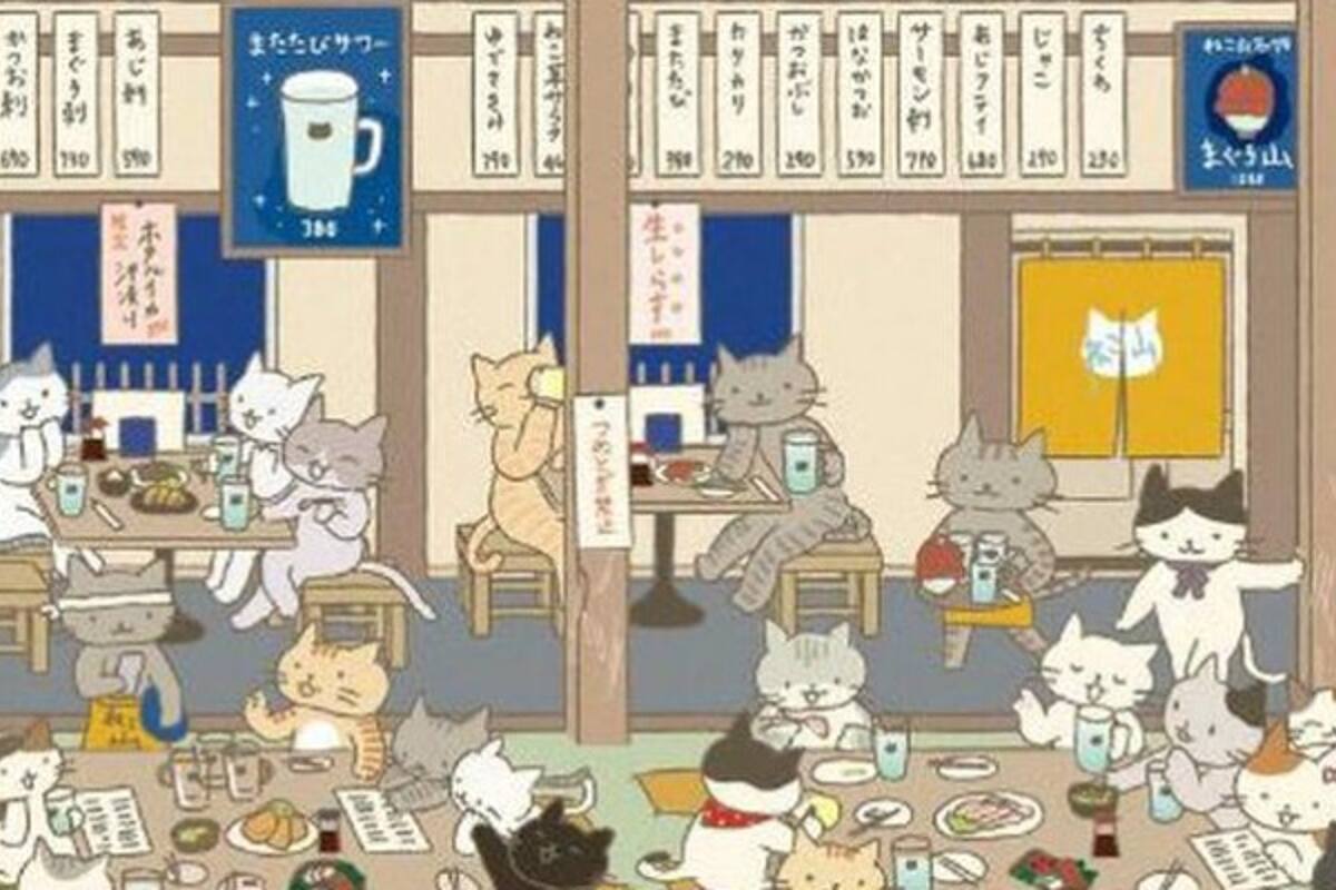 En la ilustración hay un conjunto de gatos actuando como humanos