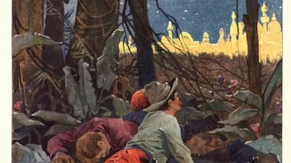 En la ilustración, un explorador europeo vislumbra a lo lejos la ciudad de El Dorado, que según las leyendas estaba hecha de oro macizo