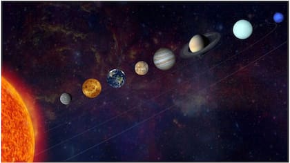 En la imagen artística se ve a Mercurio, Venus, la Tierra, Marte, Júpiter, Saturno, Urano y Neptuno