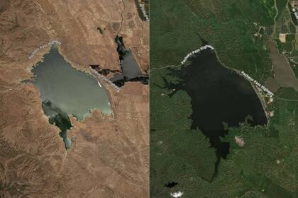 En la imagen de la izquierda aparece el embalse San Luis Reservoir en julio de 2022, con el terreno seco; a la derecha, la fotografía captada en marzo de 2023
