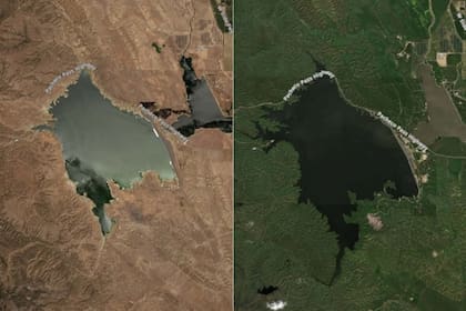 En la imagen de la izquierda aparece el embalse San Luis Reservoir en julio de 2022, con el terreno seco; a la derecha, la fotografía captada en marzo de 2023