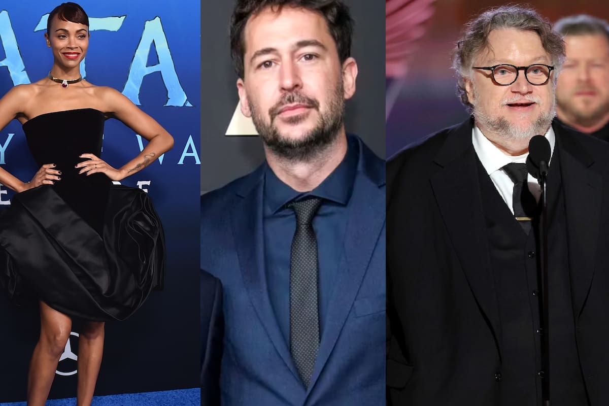 En la imagen, Zoe Saldaña y los directores Santiago Mitre, de Argentina, y Guillermo del Toro, de México; algunos de los hispanos que estarán presentes en los Oscar 2023