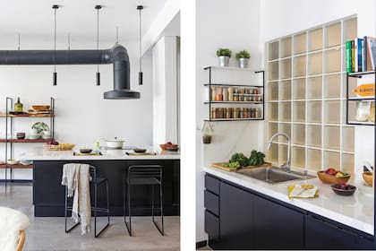 La cocina hecha por el Arq. Fernando Valeriani tiene amoblamiento laqueado de terminación satinada y mesadas de cuarzo veteado (Dekton). Luminarias en negro mate (Leroy Merlin, Francia), banquetas de hierro (Mesopotamia BA).