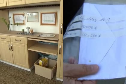 En la izquierda; el mueble donde se halló el dinero; En la derecha, el sobre con el efectivo