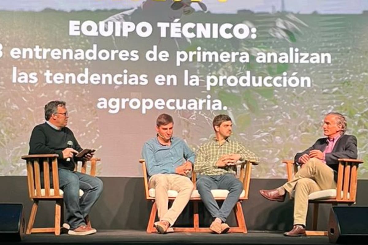 En la JAT de soja de Don Mario. El moderador Diego Peydro y Luis Robles Terán, responsable Técnico Mesa Agrícola CREA Chaco Santiagueño; Diego Rotili, director del Centro de Investigación Agroinnova, y Rodrigo Bosch, coordinador de los CREA de Córdoba