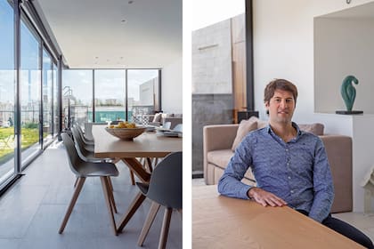 En el comedor, mesa enchapada a medida, cesta de ratán (Claudia Adorno) y sillas ‘Chistera’ con patas de madera y asientos de hierro (Roche Bobois). El arquitecto Guido Cammilli, artífice del espacio.
