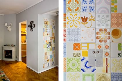 Entre el living y la cocina, espacio de guardado que simula ser un mural lleno de color.
