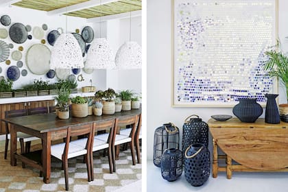 En la pared, una composición de piezas de rafia en negro, blanco dorado y azul. Sobre la mesa, una hilera de macetas de diferentes tamaños en sus tonos originales. A la derecha, fanales de cestería en negro y un cuadro forman un expresivo rincón.