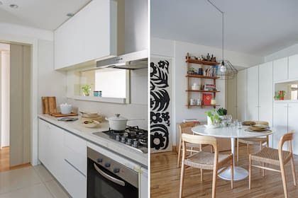En la parte superior del pasaplatos, instalaron una alacena diseñada por la dueña de casa, apasionada por la cocina. Muebles con frentes termoformados. Anafe (Franke).
