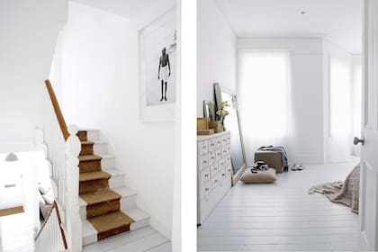 En la planta alta está el cuarto principal. Allí, el dueño de casa colocó un espejo con marco de madera, apoyado en lugar de colgado, al igual que los cuadros y las fotos.