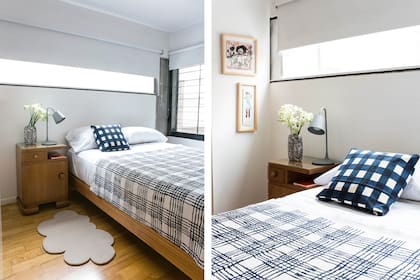 En la planta alta, las ventanas son angostas, pero ocupan el ancho de los ambientes. Mesa de luz heredada. Velador (Gatto) Florero (diseño de Carolina Antoniadis). Acolchado y almohadón (Luna Oks).