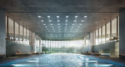 En la planta baja del edificio Marina se ubica un zócalo comercial y gastronómico que proyecta a la vez un gimnasio de 1.300 m2 con piscina climatizada semiolímpica y sala de yoga.