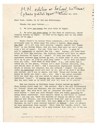 En la primera carilla de su carta, Lennon escribió “¡Editor de M.M. Richard Williams (por favor publíquelo en el mismo tiempo)”.