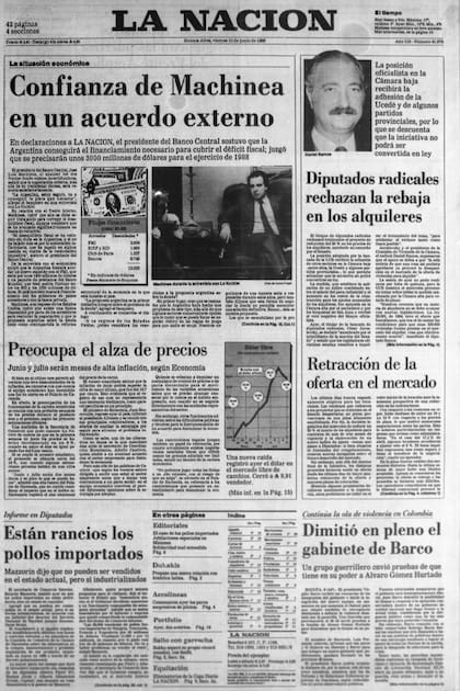 En la primera plana de La Nación del 10 de junio de 1988, RIcardo Mazzorín admite que los pollos importados "están rancios"