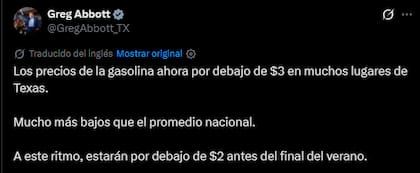En la red social X, Abbott se mostró optimista con que bajen los precios de la gasolina