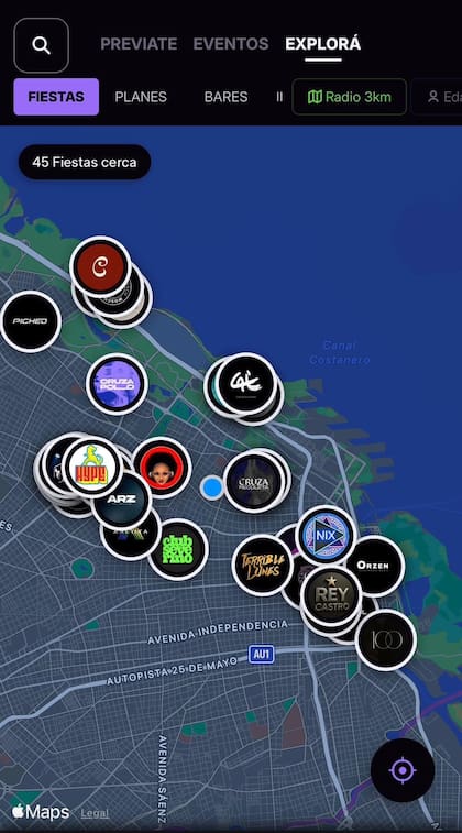 En la sección Fiestas de Previate Esta, un mapa muestra eventos activos en la zona