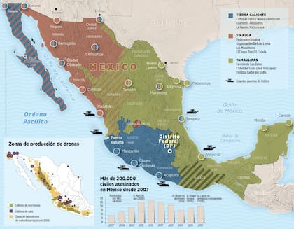 En la última década, la guerra de las drogas en México llegó a todos los rincones del país, dejando más de 200.000 muertos civiles. Los mapas muestran el territorio de cada uno de los carteles más importantes, los lugares de mayor producción de drogas y donde siguen desarrollándose guerras territori