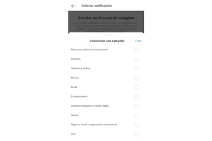 En la verificación de cuentas de Instagram uno mismo elige la actividad en la que se supone que es notable