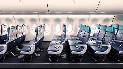 En las imágenes promocionales se observa cómo el espacio entre los asientos se reduce en cada fila (WestJet)