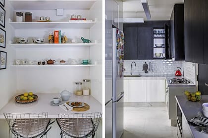 Los muebles combinan laca blanca brillante en el bajomesada y melamina negra en las alacenas (diseño Estudio JN, realización de Muebles MUC). Los azulejos subway con pastina negra repiten el juego de opuestos.