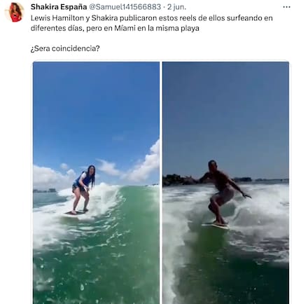 En las redes, los fans especularon con que Shakira y Hamilton habrían surfeado juntos en Miami, ante la sincronicidad de sus posteos