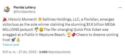 En las redes sociales de la Lotería de Florida se celebró al afortunado