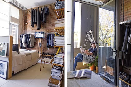 En las ventanas, cortinas de lino para tamizar la luz sin bloquearla y conectarse con la naturaleza y sus ciclos. Cubrecama de lino color natural y almohadones en tela Marshall gris (Bottega).