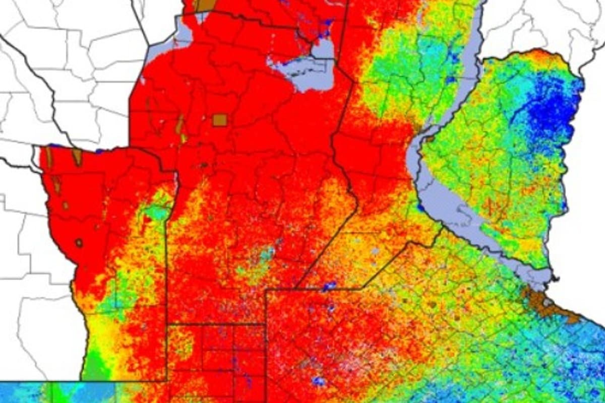 En las zonas en rojo el contenido de agua en el suelo está entre 0 y 10%