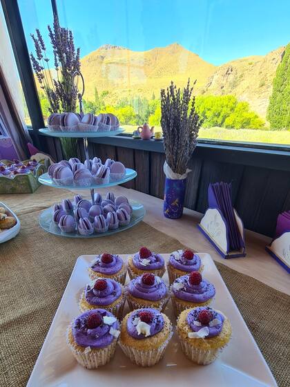 En Lavandas del Limay hay una casa de té donde se puede degustar desde limonada y gin de lavanda hasta macarrones producidos con extractos de las plantas lilas.