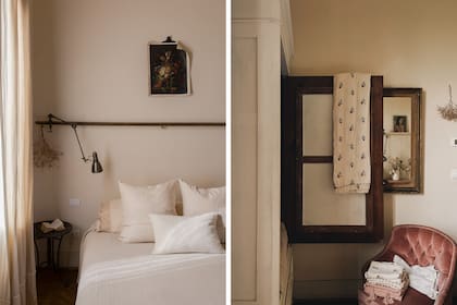 En los cuartos hay pocos elementos pero de excelente calidad. Ropa de cama de lino y algunos pocos muebles antiguos como la mesa de luz o el sillón tapizado en terciopelo le confieren su carácter sobrio y elegante.