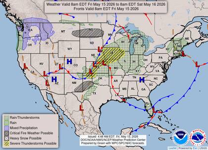 En los Panhandles de Texas y el oeste de Kansas, el intenso calor facilitará tormentas de base elevada con microbursts descendentes durante la tarde
