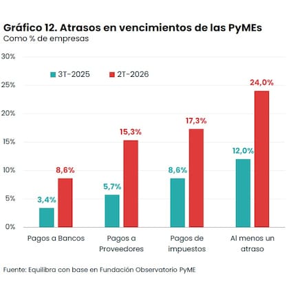 En los préstamos de menos de $5 millones la mora llega al 9,3%, mientras que en los de más de $3800 millones baja al 1,8