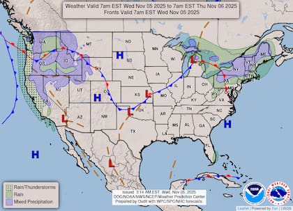 En los sectores de mayor altitud de Pensilvania, Nueva York y Vermont, las temperaturas más frías podrían transformar la lluvia en nieve durante la madrugada del jueves