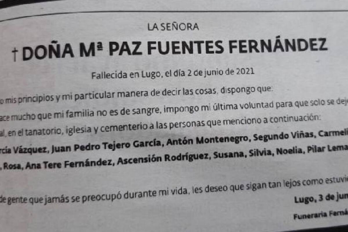 En Lugo, España, una mujer dejó preparado un aviso fúnebre con el detalle de los invitados a su despedida