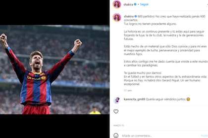 En marzo, cuando el futbolista festejó 600 partidos con la camiseta del FC Barcelona, Shakira le dedicó un romántico posteo (Foto: Shakira)
