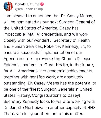 En mayo de 2025, Trump nominó a Casey Means para este cargo