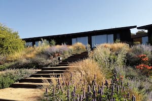 En medio de un valle, la casa y la piscina se integran al paisaje de manera natural