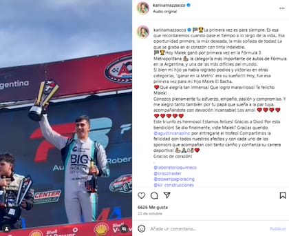 En octubre la conductora celebró la primera victoria de Malek en la Fórmula 3 Metropolitana (Foto: Instagram @karinamazzocco)