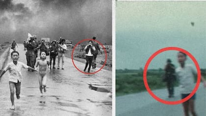 En otra imagen del mismo evento se puede ver a Nguyen Thanh Nghe sosteniendo una cámara parecida a una Pentax (izquierda); a la derecha se ve en el video a una figura con equipo de protección que podría ser Nick Ut (derecha)