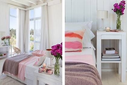 En otro dormitorio, mesita de luz (decoradora Vicky Mulet) con florero (Casa Castilla) y velador (Darko).