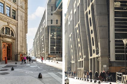 En pleno contraste con el ex Banco Alemán Transatlántico y los otros edificios bancarios de alrededor, esta obra brutalista está despejada de ornamentos y esculpidos, y deja ver algo del interior a través de sus grandes ventanales