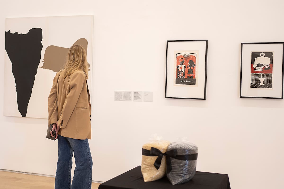 En primer plano: Monumento al hambre (1978), instalación de Anna Maria Maiolino compuesta por dos bolsas unidas por una cinta negra, llenas con 30 kilos de arroz y porotos