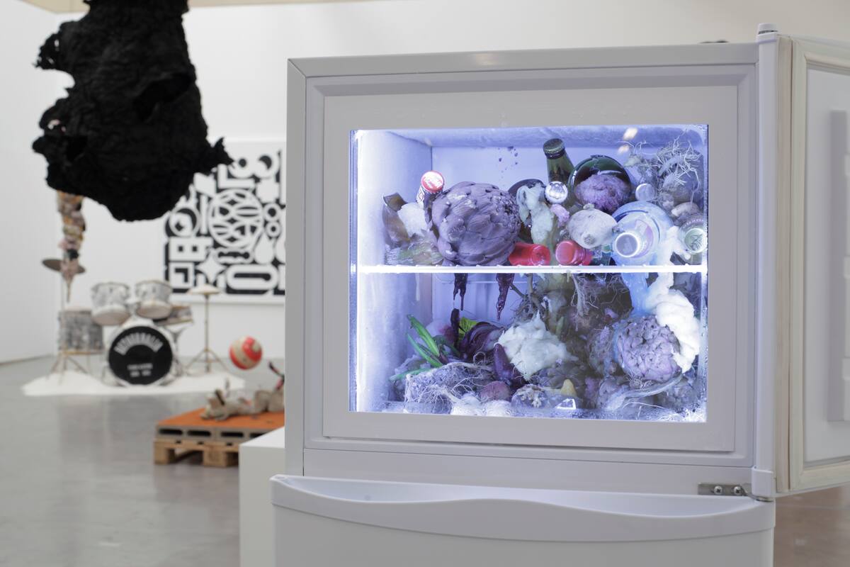 En primer plano, obra de Adrián Villar Rojas: una heladera con contenido orgánico en el freezer, que se modifica con el tiempo