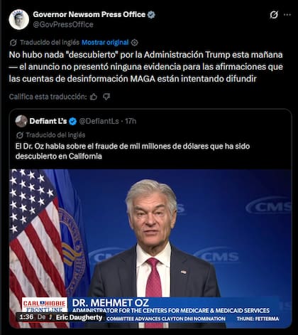 En redes sociales, Gavin Newsom desmintió las acusaciones del gobierno federal