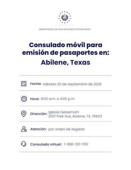 En redes sociales se anuncia cuándo habrá consulados móviles en Texas; el próximo será el 20 de septiembre en la ciudad de Abilene (Facebook/Consulados de El Salvador en Texas, Estados Unidos)